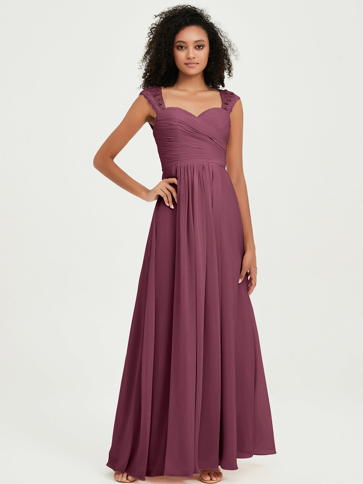 Chiffon Bridesmaid Dresses with Lace Cap Sleeves Mulberry